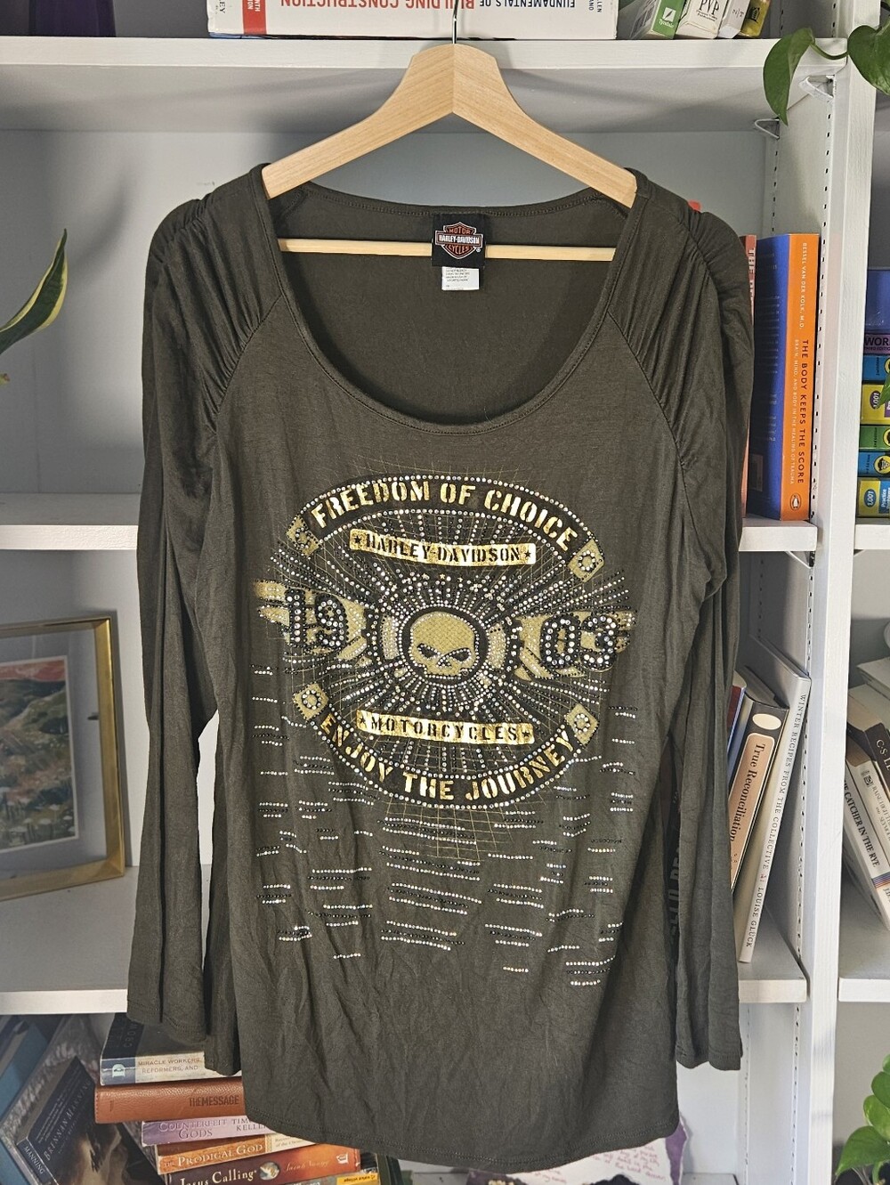 Harley-Davidson Olive Green Long Sleeve Rhinestone Graphic Tee Size 1x Biker Y2K